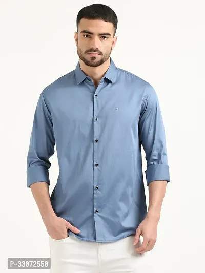 Stylish Blue Cotton Long Sleeves Casual Shirts For Men-thumb0