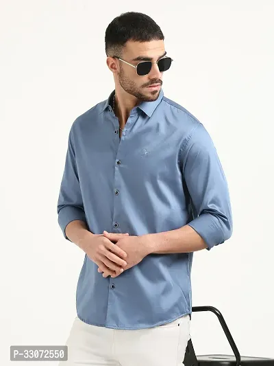 Stylish Blue Cotton Long Sleeves Casual Shirts For Men-thumb5