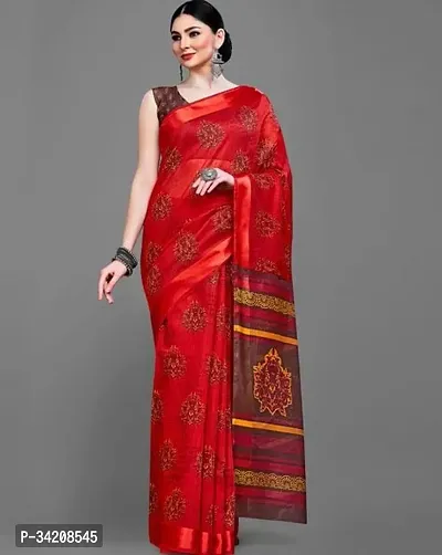 Beautiful Crepe Red Printed  Saree with Blouse piece For Women-thumb0