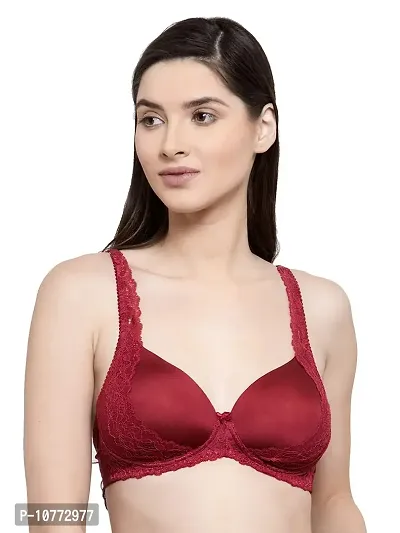 Groversons Paris Beauty Women's Non-Wired Padded Lace Bra (Maroon, 30)