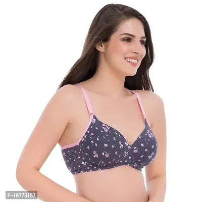 Groversons Paris Beauty Padded & Wirefree Cotton t-Shirt Bra with 3/4 Coverage in Floral Print Grey-thumb3