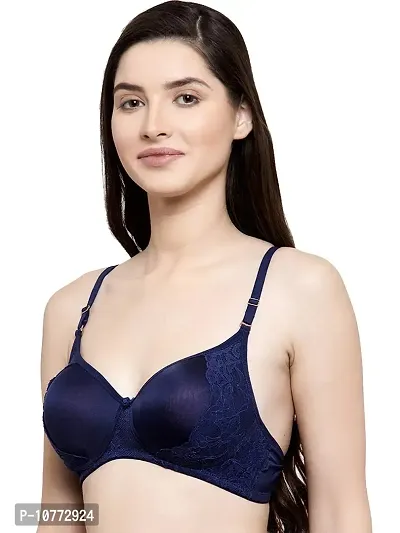 Groversons Paris Beauty Women's Crafted with Lace Non-Wired Padded Bra (Navy Blue, 34)