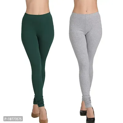 Groversons Paris Beauty Cotton Lycra Churidar Leggings - Pack of 2 (Bottle Green,Grey) M-thumb0