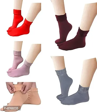 Missby#174; Multicolour Velvet Fleece Fur Winter Thermal Thumb socks for Women, Men and Girls (Pack of 5 Pairs)-thumb2
