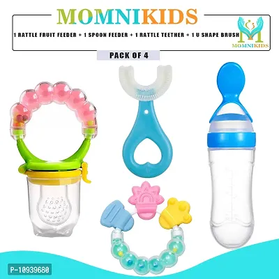 Trendy Rattle Fruit Feeder, Silicone U Shape Brush, Rattle Teether And Silicone Spoon Feeder Bottle