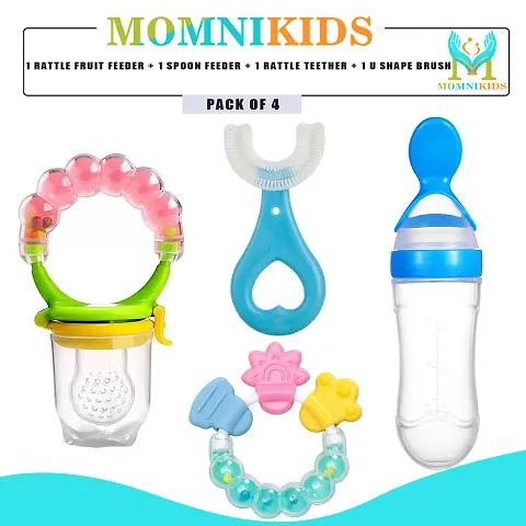 Trendy Rattle Fruit Feeder, Silicone U Shape Brush, Ear Wax Remover, Rattle Teether And Silicone Spoon Feeder Bottle