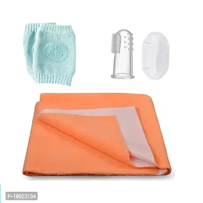 3 Pc Combo Pack of 1 Small Size Quick Dry Baby Bedsheet  1 Finger Tooth Brush and 1 Pair Knee Protector