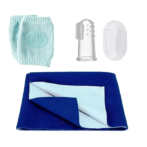 Baby Care Combo Pack- Dry Baby Bedsheet/ Finger Tooth Brush/ Pair Knee / Fruit Feeder