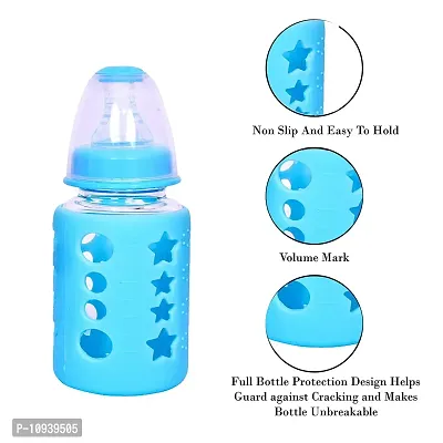 Useful Combo Pack Of Baby Spoon Feeding Bottle And 120 Ml Glass Feeding Bottle With Premium Silicone Warmer Cover-Pack Of 2, Blue-thumb3