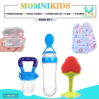 Useful Combo Pack Of Spoon Feeding Bottle, 3 Baby Bibs, 1 Fruit Feeder, 1 Silicone Finger Brush And 1 Teether- Pack Of 7-thumb0