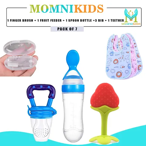 Useful Combo Pack Of Spoon Feeding Bottle, 3 Baby Bibs, 1 Fruit Feeder, 1 Silicone Finger Brush, 1 Teether And 1 Glass Feeding Bottle With Premium Silicone Warmer Cover Multipack