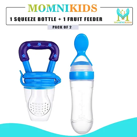Trendy Squeezy Silicone Food Feeding Bottle With Spoon For Infant Baby 90Ml Bpa Free And 1 Fruit Feeder