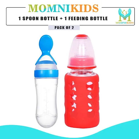 Useful Combo Pack Of Baby Spoon Feeding Bottle And 120 Ml Glass Feeding Bottle With Premium Silicone Warmer Cover-Pack Of 2, Pink