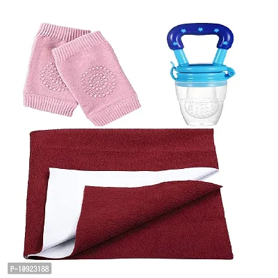 3 Pc Combo Pack of 1 Small Size Quick Dry Baby Bedsheet  1 Fruit Feeder and 1 Pair Knee Protector