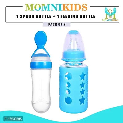 Useful Combo Pack Of Baby Spoon Feeding Bottle And 120 Ml Glass Feeding Bottle With Premium Silicone Warmer Cover-Pack Of 2, Blue-thumb0