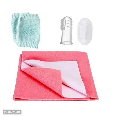 3 Pc Combo Pack of 1 Small Size Quick Dry Baby Bedsheet  1 Finger Tooth Brush and 1 Pair Knee Protector