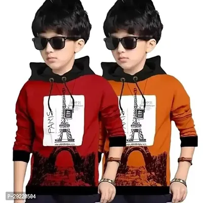 Stylish Multicoloured Cotton Blend Printed Long Sleeve Hooded T-Shirt For Boys Pack Of 2-thumb0