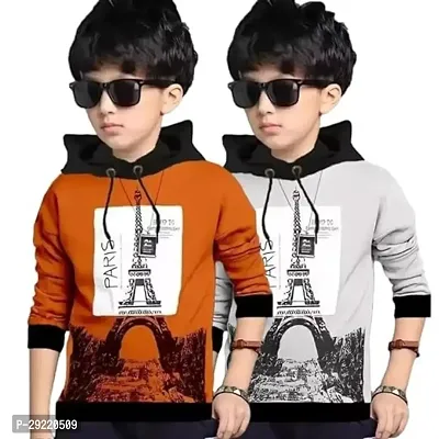 Stylish Multicoloured Cotton Blend Printed Long Sleeve Hooded T-Shirt For Boys Pack Of 2-thumb0