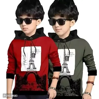 Stylish Multicoloured Cotton Blend Printed Long Sleeve Hooded T-Shirt For Boys Pack Of 2-thumb0