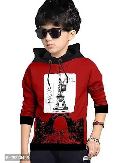 Stylish Maroon Cotton Blend Printed Long Sleeve Hooded T-Shirt For Boys-thumb0