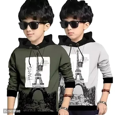 Stylish Multicoloured Cotton Blend Printed Long Sleeve Hooded T-Shirt For Boys Pack Of 2-thumb0