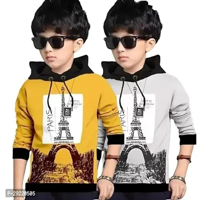 Stylish Multicoloured Cotton Blend Printed Long Sleeve Hooded T-Shirt For Boys Pack Of 2-thumb0