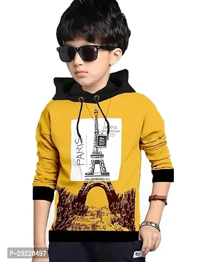 Stylish Yellow Cotton Blend Printed Long Sleeve Hooded T-Shirt For Boys-thumb0