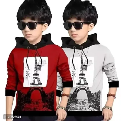 Stylish Multicoloured Cotton Blend Printed Long Sleeve Hooded T-Shirt For Boys Pack Of 2-thumb0