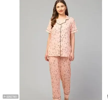 Elegant Pink Cotton Printed Night Suits For Women-thumb0