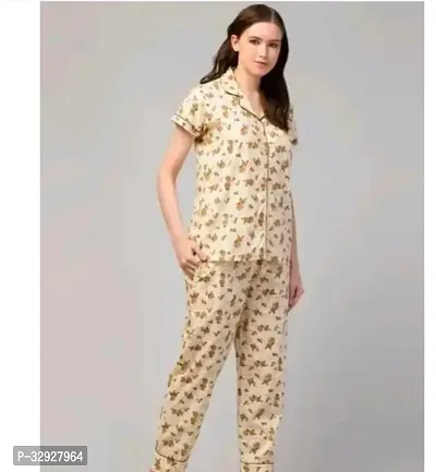 Elegant Beige Cotton Printed Night Suits For Women-thumb0