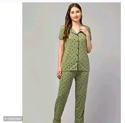 Elegant Green Cotton Printed Night Suits For Women