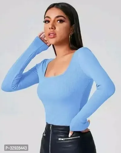 Stylish Blue Cotton Blend Solid Crop Top For Women-thumb0