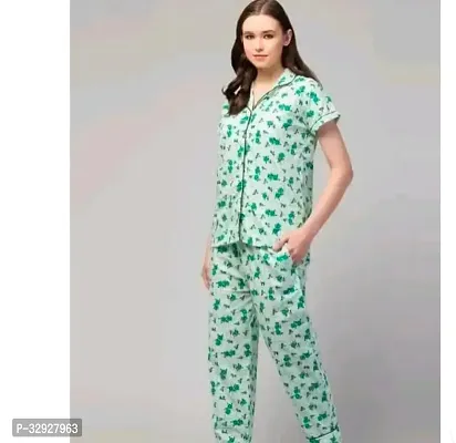 Elegant Green Cotton Printed Night Suits For Women-thumb0