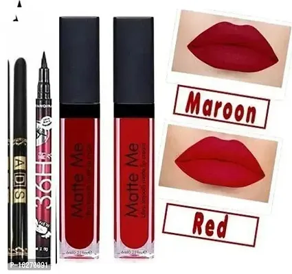 Red and Maroon Matte me lipstick with 36h eyeliner and ads kajal