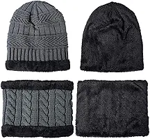 Winter Woolen Cap, Neck Warmer Scarf with Tuch Gloves Set| Beanie Style| 3 Piece Set| Warm Winter Neck Scarf, Tuch Gloves and caps Suitable for Men and Women|Stylish (Grey)-thumb4