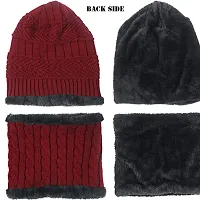 Latest Stylish Winter Woolen Beanie Cap Scarf (Fur Inside) and Touchscreen Gloves Set for Men and Women Stretch Warm Winter Cap (Red)-thumb3