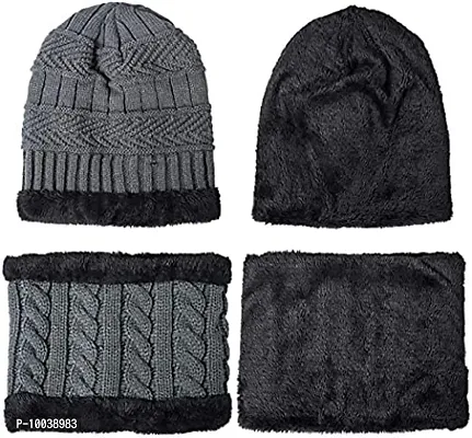 Latest Stylish Winter Woolen Beanie Cap Scarf (Fur Inside) and Touchscreen Gloves Set for Men and Women Stretch Warm Winter Cap (Grey)-thumb5
