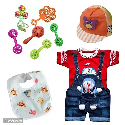 Dungaree Dress with Cap, 5 Rattle Baby Bibs-thumb0