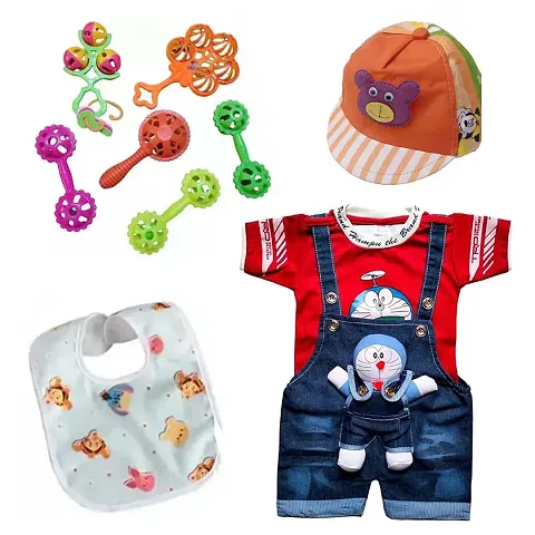 Dungaree Dress with Cap, 5 Rattle Baby Bibs