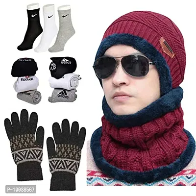 DAVIDSON Winter Knit Beanie Cap Hat Neck Warmer Scarf and Woolen Gloves Set and 3 Pair Socks Skull Cap for Men Women/Winter Cap for Men (Red)