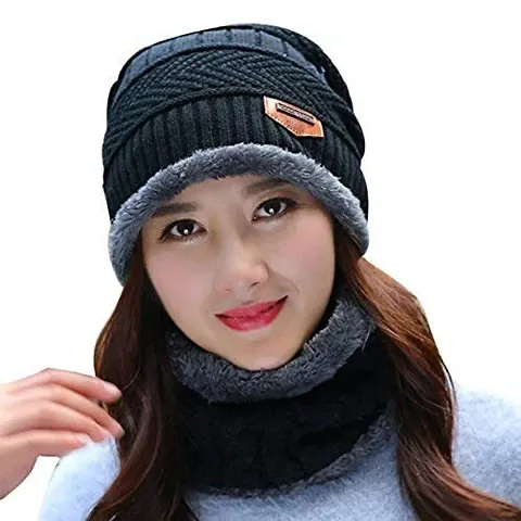DAVIDSON 2 Pcs - Cap and Scarf - Imported Soft Warm Snow and Air Proof Fleece Knitted Cap (Inside Fur) Woolen Beanie Winter Cap with Scarf for Women Girl Ladies