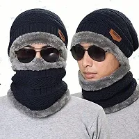 Davidson Men's Woolen Cap with Neck Muffler/Neckwarmer Set of 2 Free Size for Men Women for snow winters (Blue)-thumb3