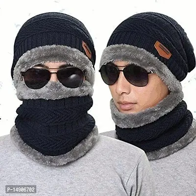 Davidson Men's Woolen Cap with Neck Muffler/Neckwarmer Set of 2 Free Size for Men Women for snow winters (Blue)-thumb4