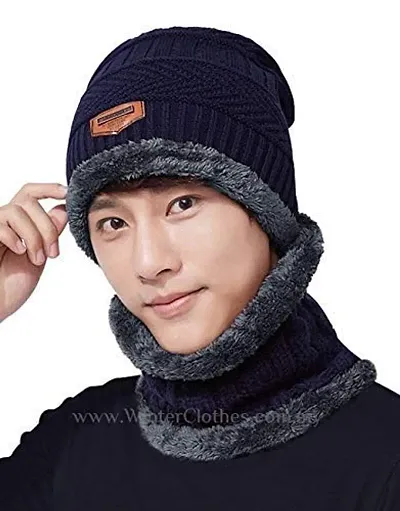 DAVIDSON Winter Knit Beanie Cap Hat Neck Warmer Scarf and Woolen Gloves Set for Men & Women (3 Piece)