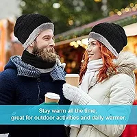 Davidson Latest Stylish Winter Woolen Beanie Cap Scarf (Fur Inside) and Touchscreen Gloves Set for Men and Women Stretch Warm Winter Cap (Blue)-thumb1