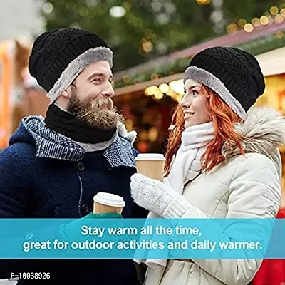 Davidson Latest Stylish Winter Woolen Beanie Cap Scarf (Fur Inside) and Touchscreen Gloves Set for Men and Women Stretch Warm Winter Cap (Blue)-thumb2