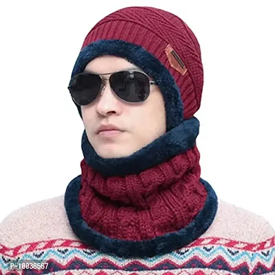 DAVIDSON Winter Knit Beanie Cap Hat Neck Warmer Scarf and Woolen Gloves Set and 3 Pair Socks Skull Cap for Men Women/Winter Cap for Men (Red)-thumb4