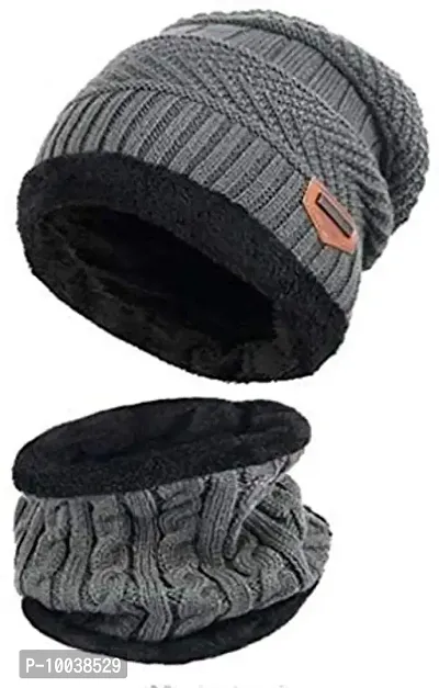 DAVIDSON 2-Pieces Winter Beanie Hat Scarf Set Warm Knit Hat Thick Fleece Lined Winter Hat & Scarf for Men Women (Grey)