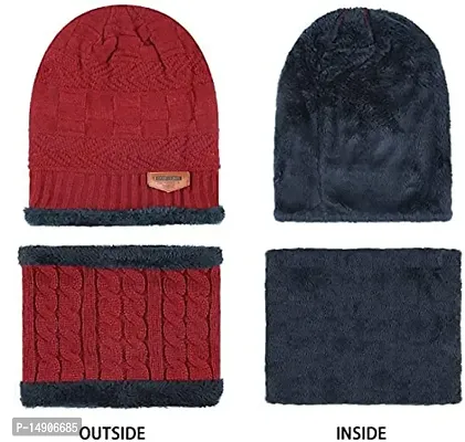 Davidson Men's Woolen Cap with Neck Muffler/Neckwarmer Set of 2 Free Size for Men Women (Red)-thumb4