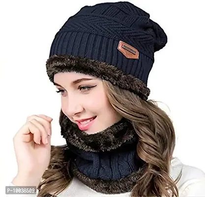 DAVIDSON Women's Fleece, Fur, Wool Cap And Scarf (Pack Of 2 Pieces) (cd-009_Blue_Free Size)